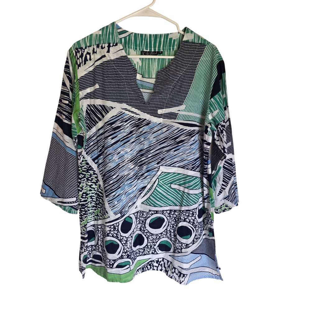 KikiSol Womens XL Abstract Geometric Print V-Neck 3/4 Sleeve Tunic Tropical